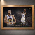Stephen Curry Golden Legacy basketball print shown in an oak frame on a textured grey display wall.