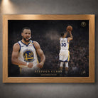 Stephen Curry Golden Legacy basketball print shown in an oak frame on a textured grey display wall.