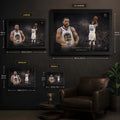 Stephen Curry basketball wall art size guide showing small, medium, large, and XL framed print options.