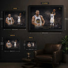 Stephen Curry basketball wall art size guide showing small, medium, large, and XL framed print options.