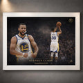 Stephen Curry basketball wall art shown in a white frame against a textured grey display wall.
