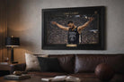 Stephen Curry Chef Curry NBA sports wall art displayed above leather sofa in a modern man cave setting.