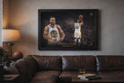 Stephen Curry framed artwork displayed above a leather sofa, perfect man cave wall art for an NBA fan lounge.