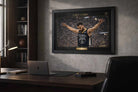 Stephen Curry Chef Curry NBA framed sports memorabilia showcased in a refined home office interior.