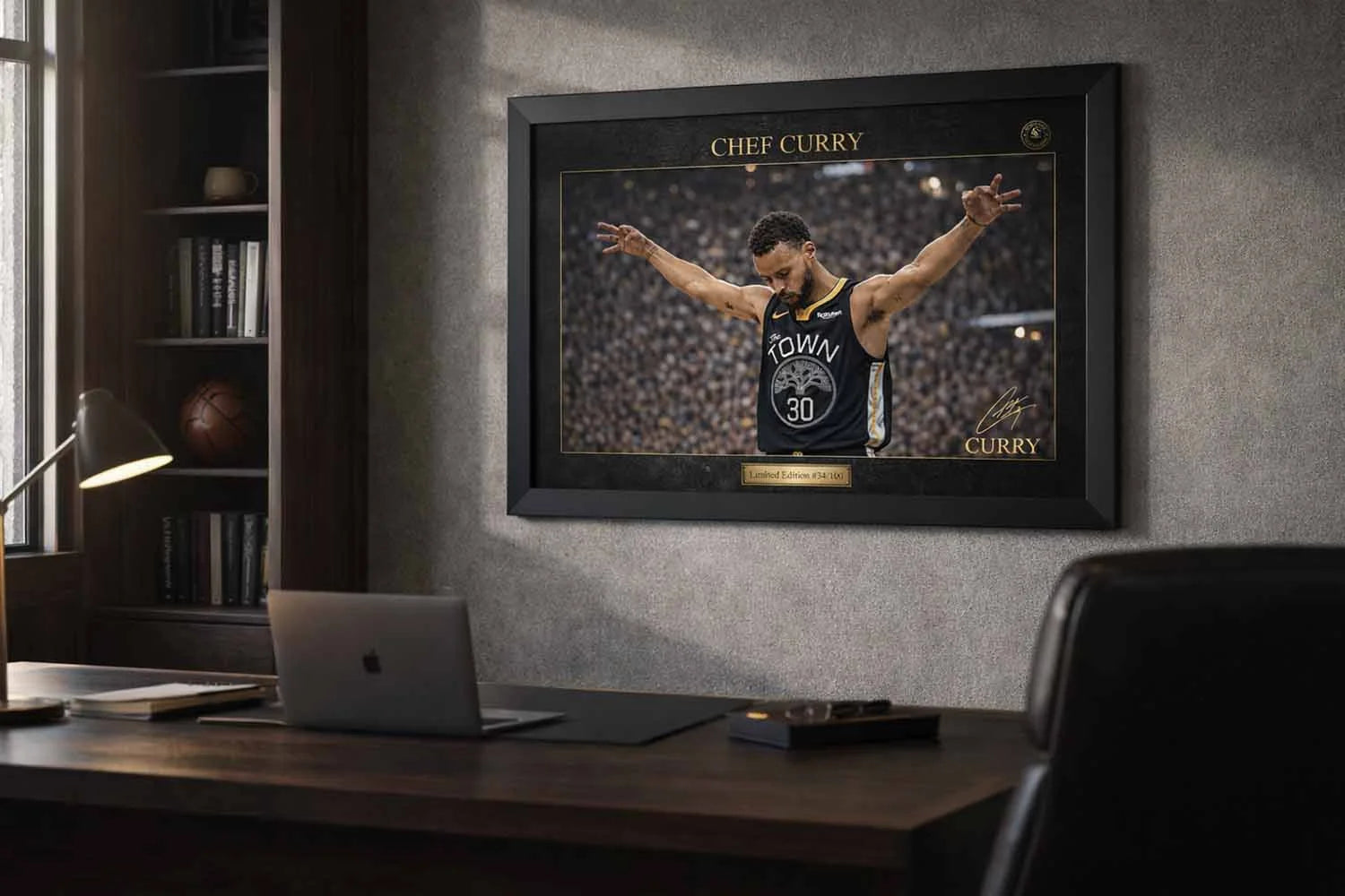 Stephen Curry Chef Curry NBA framed sports memorabilia showcased in a refined home office interior.
