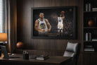 Stephen Curry framed print in a dark office setting, combining Warriors style with framed sports memorabilia.