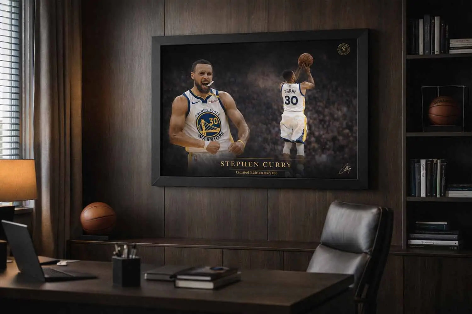 Stephen Curry framed print in a dark office setting, combining Warriors style with framed sports memorabilia.
