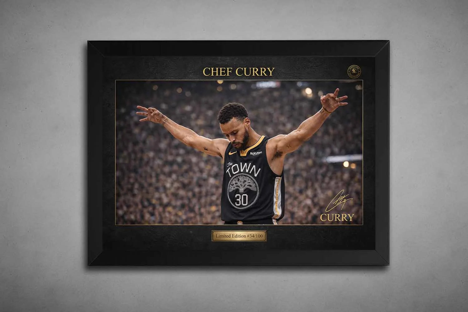 Stephen Curry Chef Curry NBA framed sports wall art in matte black frame with gold accents and signature detail.