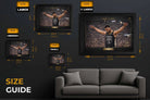 Stephen Curry Chef Curry NBA framed sports wall art size guide showing small, medium, large and XL options.