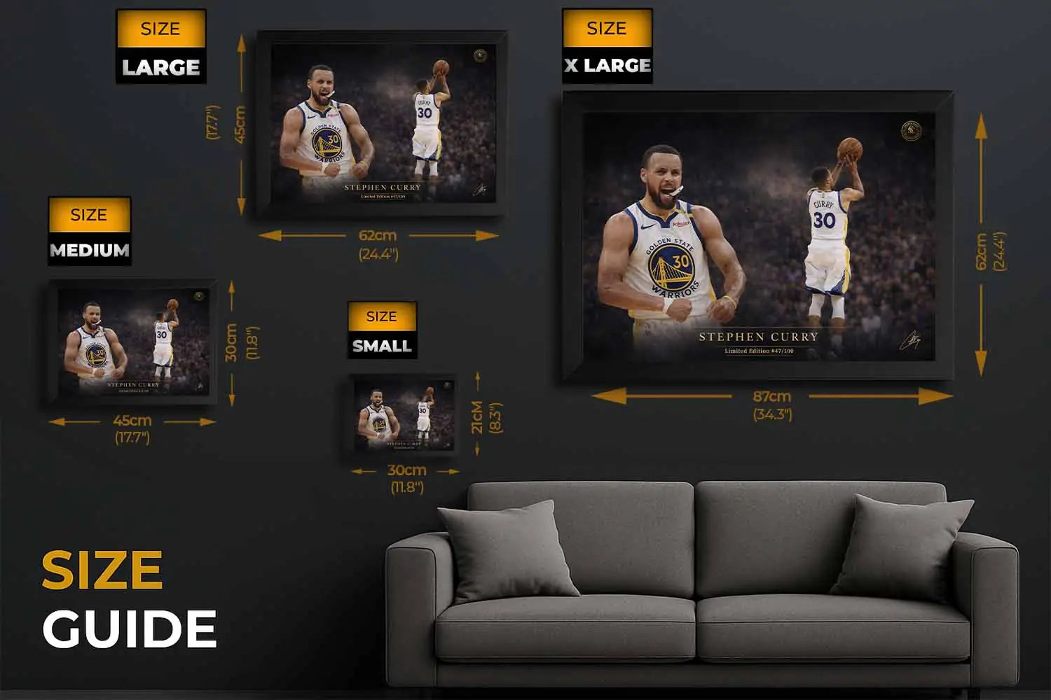 Size guide showing Stephen Curry framed wall art in small, medium, large and extra-large display options.