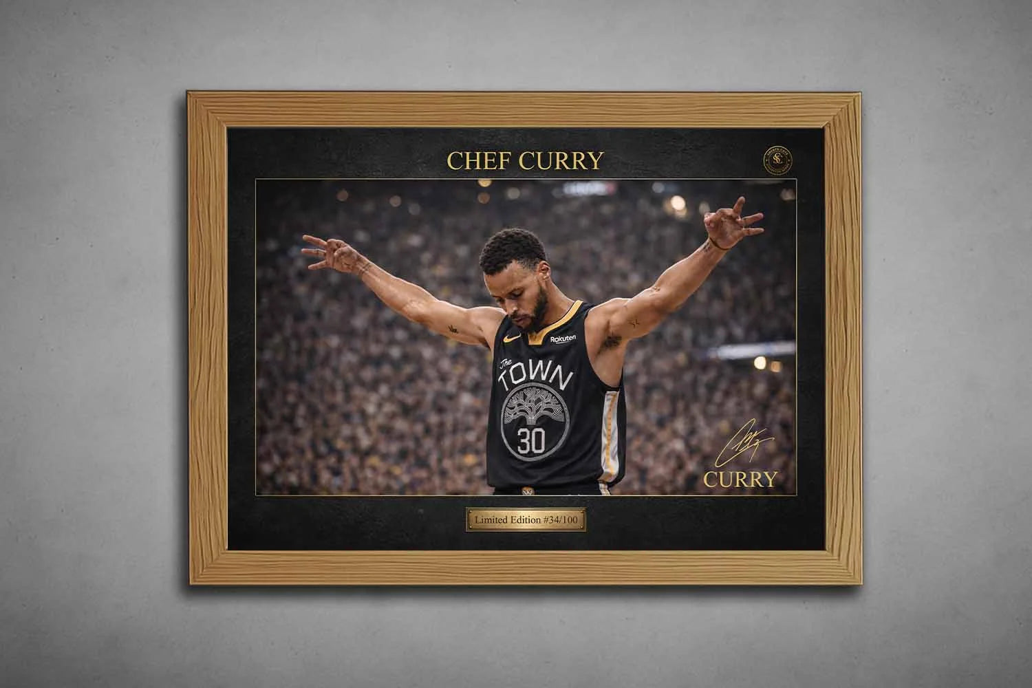 Stephen Curry Chef Curry NBA sports wall art in natural oak frame with gold trim and limited edition plaque.