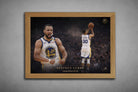 Stephen Curry Golden State Warriors art in oak frame mockup, elegant sports wall art for home or office display.