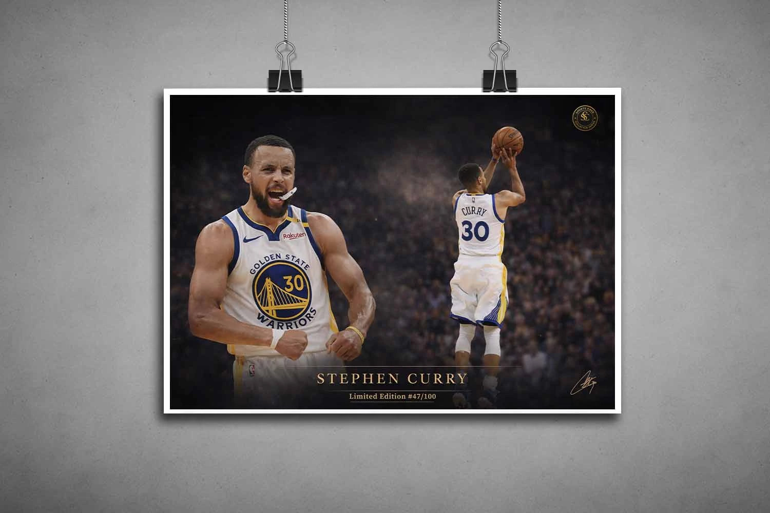 Stephen Curry Golden State Warriors unframed poster hanging with clips, limited edition sports prints for collectors.