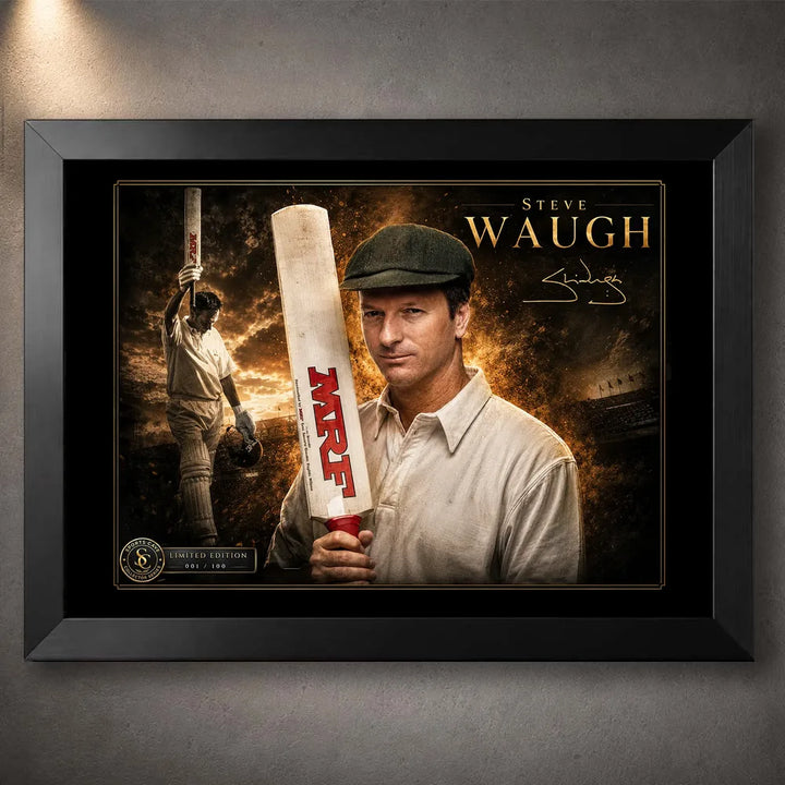 Steve Waugh cricket wall art in a premium black frame, featuring an Australian captain tribute design.