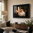 Steve Waugh framed cricket wall art displayed in a premium neutral living room above a timber cabinet.
