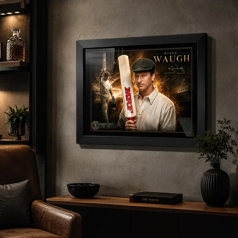 Steve Waugh framed cricket wall art displayed in a dark premium man cave with warm collector lighting.