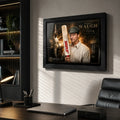 Steve Waugh framed cricket wall art displayed in a refined home office above a dark timber desk.