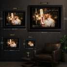Steve Waugh cricket wall art size guide comparing small, medium, large and extra-large framed options.