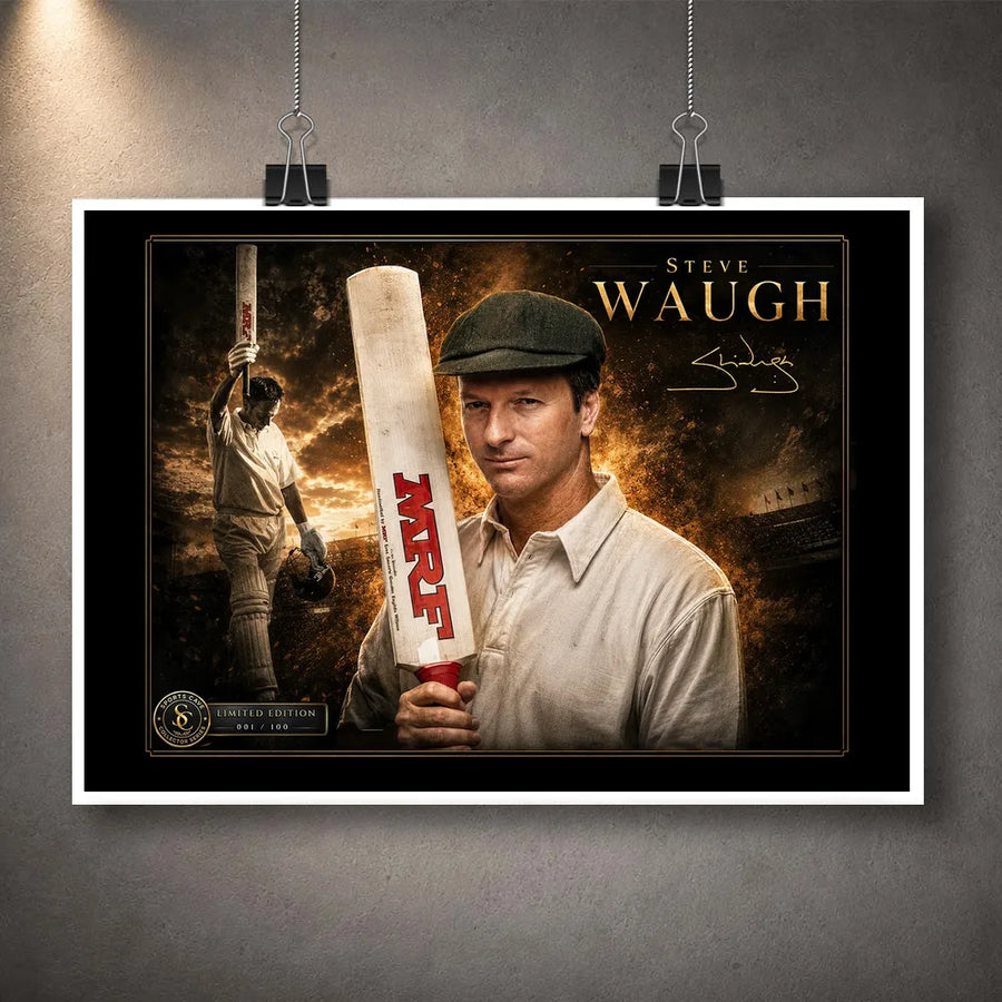 Unframed Steve Waugh cricket wall art print featuring an Australian captain tribute with gold detailing.
