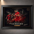 Steven Gerrard “Captain Fantastic” Liverpool artwork in black frame, dramatic stadium scene, premium sports collectibles piece.