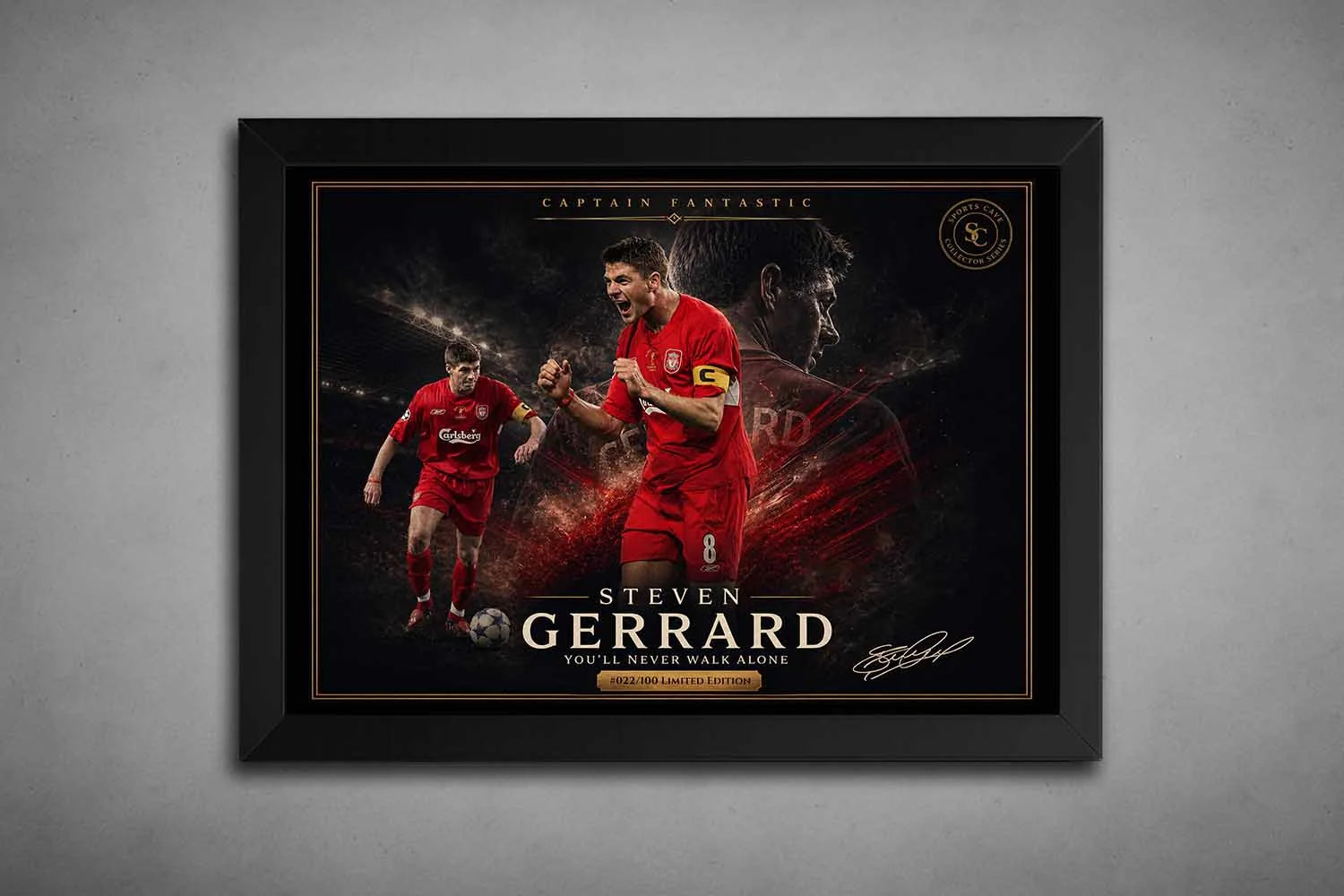 Steven Gerrard “Captain Fantastic” Liverpool artwork in black frame, dramatic stadium scene, premium sports collectibles piece.