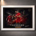 Steven Gerrard framed Liverpool wall piece in white mount, cinematic lighting and legacy design, refined sports wall art.