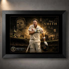 Steven Smith Ashes Hero cricket wall art in a black frame with SCG backdrop and limited edition collector plaque.