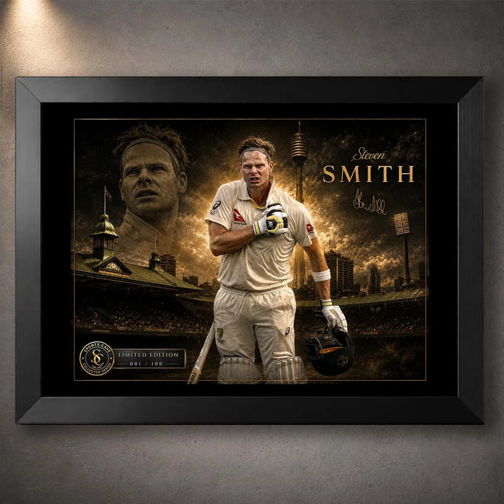 Steven Smith Ashes Hero cricket wall art in a black frame with SCG backdrop and limited edition collector plaque.