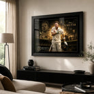 Steven Smith cricket wall art in a black frame displayed above a console in a bright modern living room.