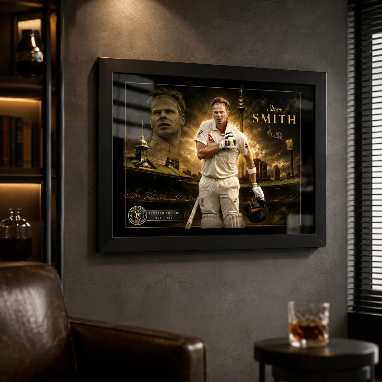 Steven Smith cricket wall art in a black frame displayed on a dark feature wall in a premium man cave.