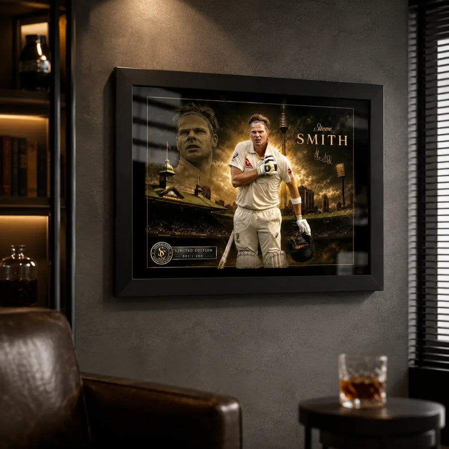 Steven Smith cricket wall art in a black frame displayed on a dark feature wall in a premium man cave.