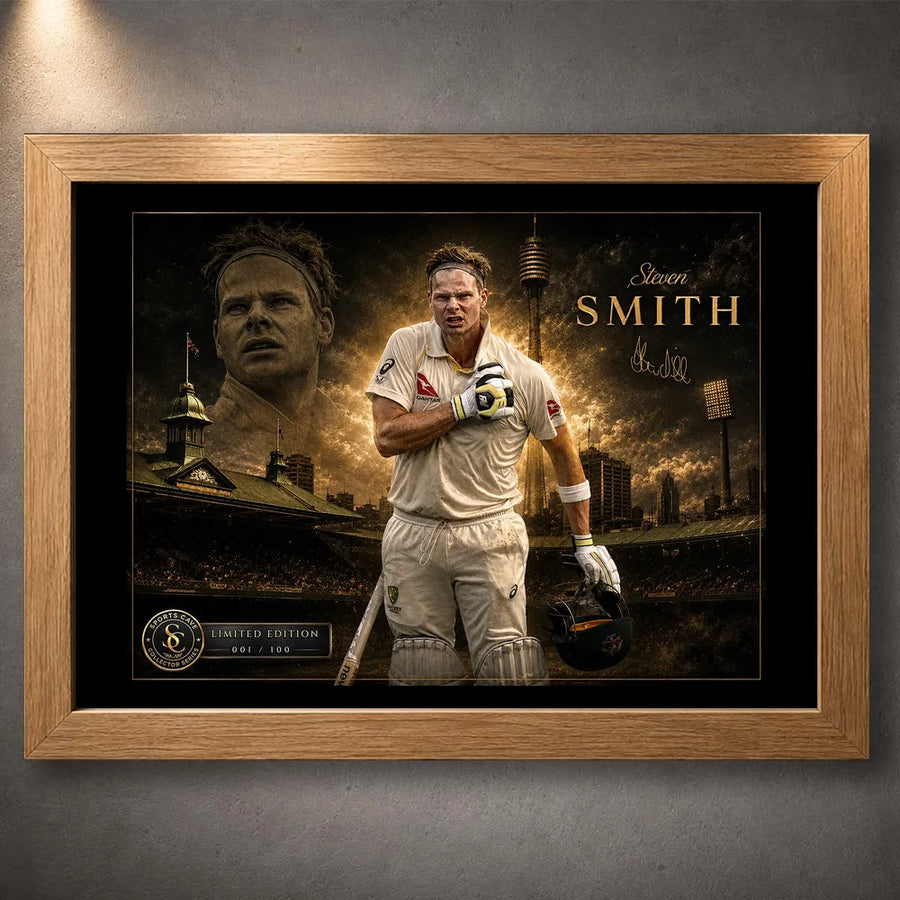 Steven Smith Ashes Hero cricket wall art in an oak frame with SCG backdrop and limited edition collector plaque.