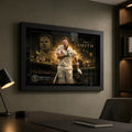 Steven Smith cricket wall art in a black frame displayed above a desk in a premium modern home office.