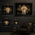 Steven Smith framed cricket wall art size guide comparing Small, Medium, Large and XL dimensions in centimetres and inches.