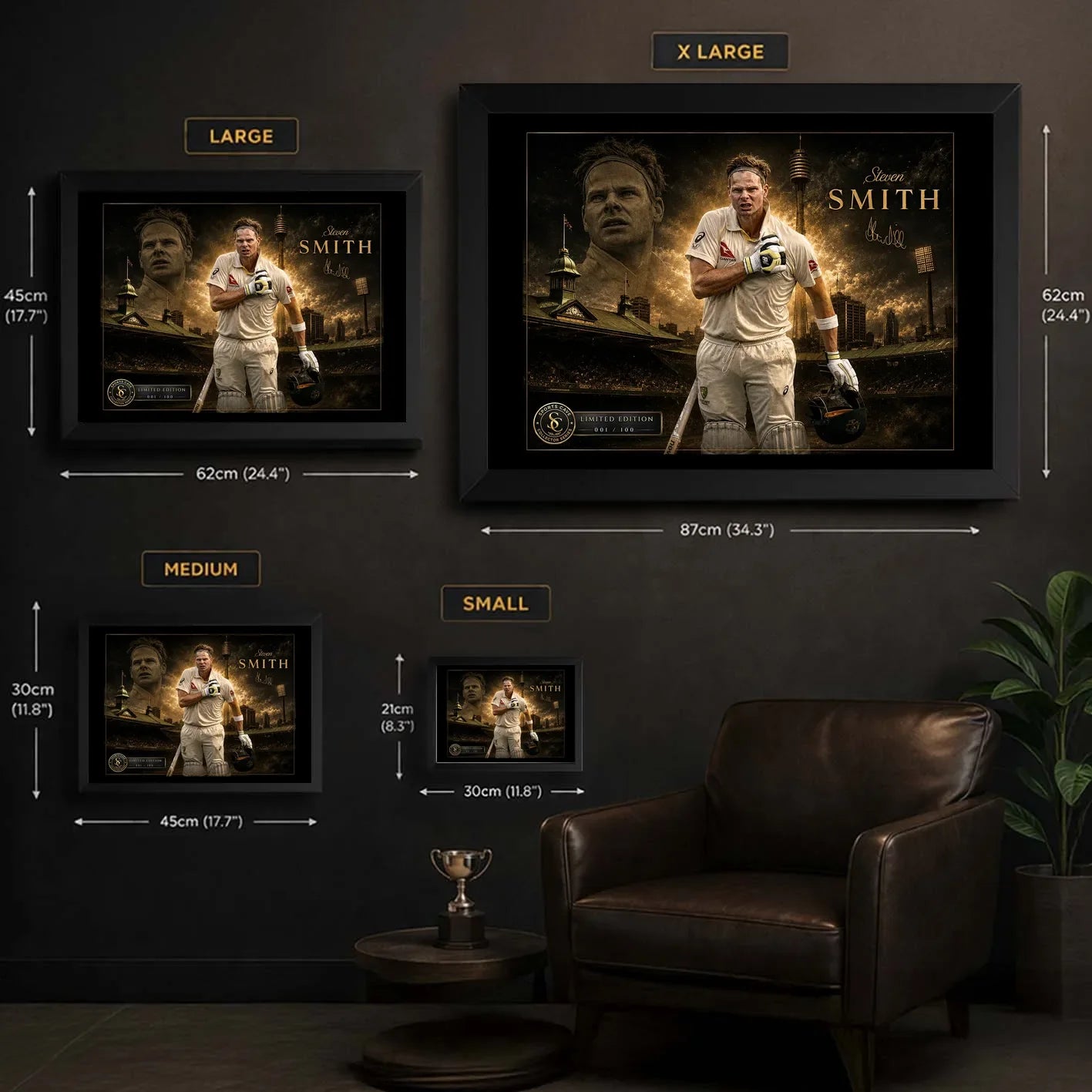 Steven Smith framed cricket wall art size guide comparing Small, Medium, Large and XL dimensions in centimetres and inches.