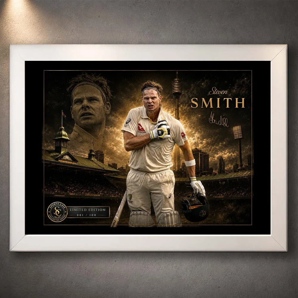 Steven Smith Ashes Hero cricket wall art in a white frame with SCG backdrop and limited edition collector plaque.