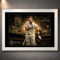 Steven Smith Ashes Hero cricket wall art in a white frame with SCG backdrop and limited edition collector plaque.