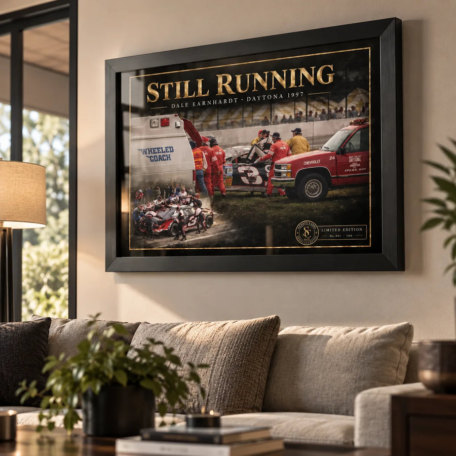Dale Earnhardt Sr. Still Running wall art displayed in a bright living room with a black frame.
