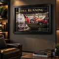 Dale Earnhardt Sr. Still Running wall art displayed in a dark motorsport man cave with a black frame.