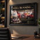 Dale Earnhardt Sr. NASCAR wall art displayed in a modern office with a black frame.