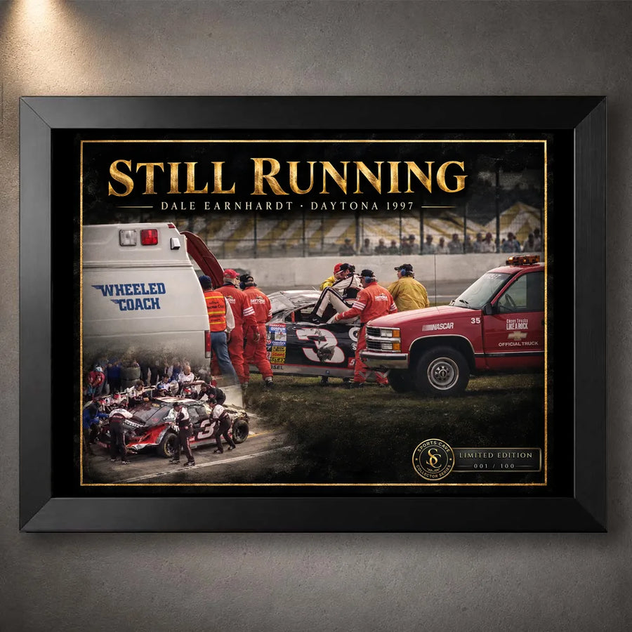 Black framed Dale Earnhardt Sr. Still Running NASCAR wall art with a dark collector presentation.