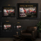 Dale Earnhardt Sr. Still Running wall art size guide showing available framed dimensions.