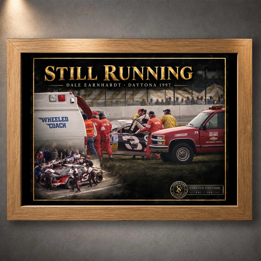 Oak framed Dale Earnhardt Sr. Still Running NASCAR wall art for a motorsport collector display.