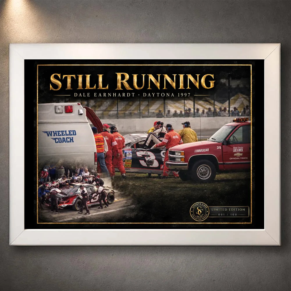 White framed Dale Earnhardt Sr. Still Running NASCAR wall art in the Sports Cave collector style.