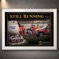 White framed Dale Earnhardt Sr. Still Running NASCAR wall art in the Sports Cave collector style.