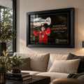 Patrick Kane wall art in a contemporary living room, displayed in a black frame above a neutral sofa near tall windows.
