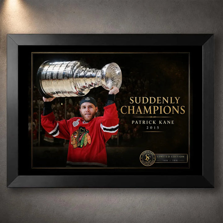 Black framed Patrick Kane hockey wall art showing him lifting the Stanley Cup in the Suddenly Champions 2015 design.