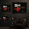 Patrick Kane wall art size guide showing Small, Medium, Large and XL framed dimensions in centimetres and inches.