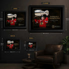 Patrick Kane wall art size guide showing Small, Medium, Large and XL framed dimensions in centimetres and inches.