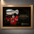 Oak framed Patrick Kane hockey wall art featuring the Suddenly Champions 2015 design with the Stanley Cup held overhead.